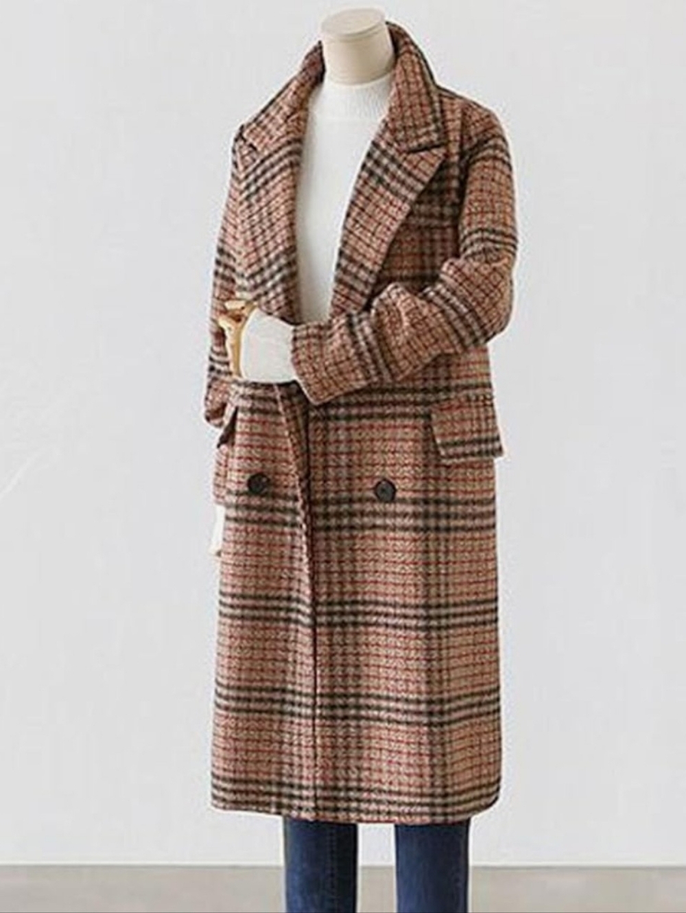 Plaid Long Wool-Blend Overcoat in Brown